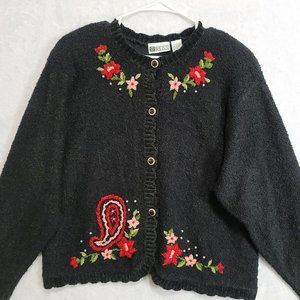Vintage Russ Women's Button Front Sweater Cardigan Floral Pearls Black Size Lg